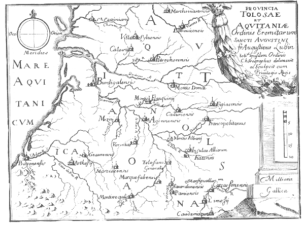 Stampa di Lubin: mappa dei conventi agostiniani in Aquitania