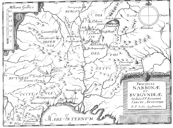 Stampa di Lubin: mappa dei conventi agostiniani in Narbona e Burgundia