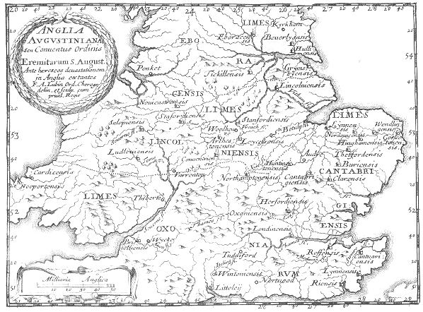 Stampa di Lubin: mappa dei conventi agostiniani in Inghilterra