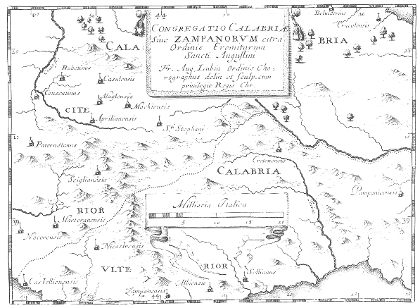 Stampa di Lubin: mappa dei conventi agostiniani nella Congregazione dei Zumpani in Calabria