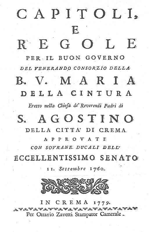 Frontespizio della regola da seguire dai Cinturati