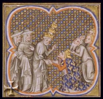 Papa Innocenzo IV incontra il re di Francia Luigi IX a Cluny, miniatura da un codice della Biblioteca Nazionale di Francia