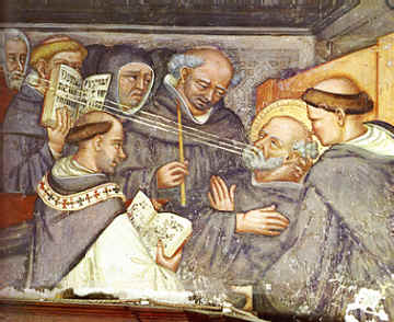 La morte di Agostino: affresco di Ottaviano Nelli nella chiesa di S. Agostino a Gubbio