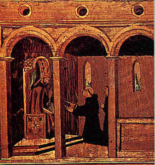 Il priore offre ad Agostino il monastero di Pesaro: intarsio nel Coro del convento