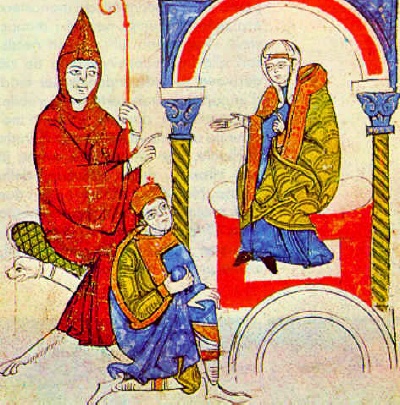Immagine di papa Gregorio VII e matilde di Canossa in una miniatura medioevale