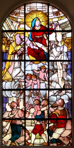 Madonna della Cintura con Agostino a Monica: vetrata nel monastero di Gent