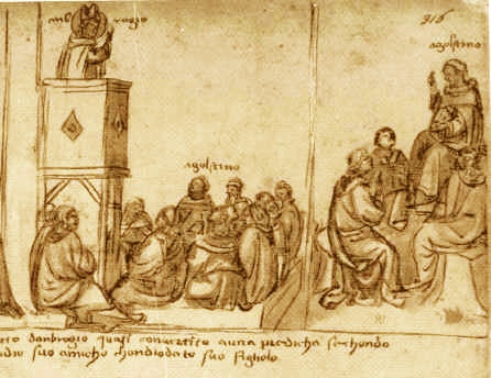 Agostino e i suoi monaci dal manoscritto ms. II di Firenze che contiene una versione della Città di Dio in lingua italiana. Datato 1433, al foglio 315 è firmato da A. di Lorenzo