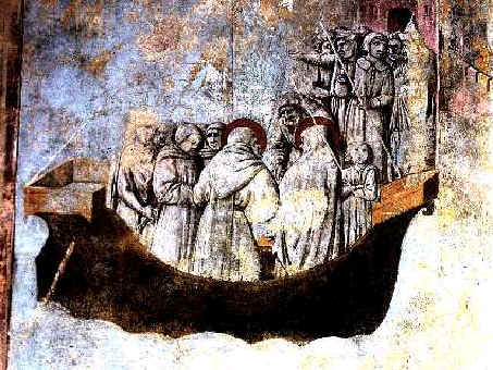 Agostino e i suoi frati arrivano al porto di Pisa: affresco del Maestro di S. Ansano del XV secolo nel chiostro di Lecceto