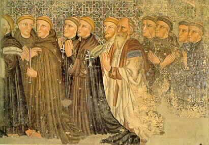 Processione di monaci agostiniani in un affresco marchigiano del XIV secolo