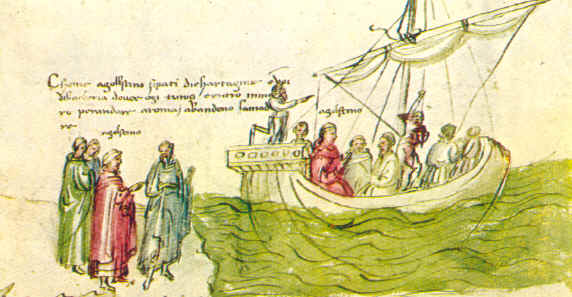 Agostino si imbarca per Roma, da un manoscritto della Biblioteca Nazionale di Firenze