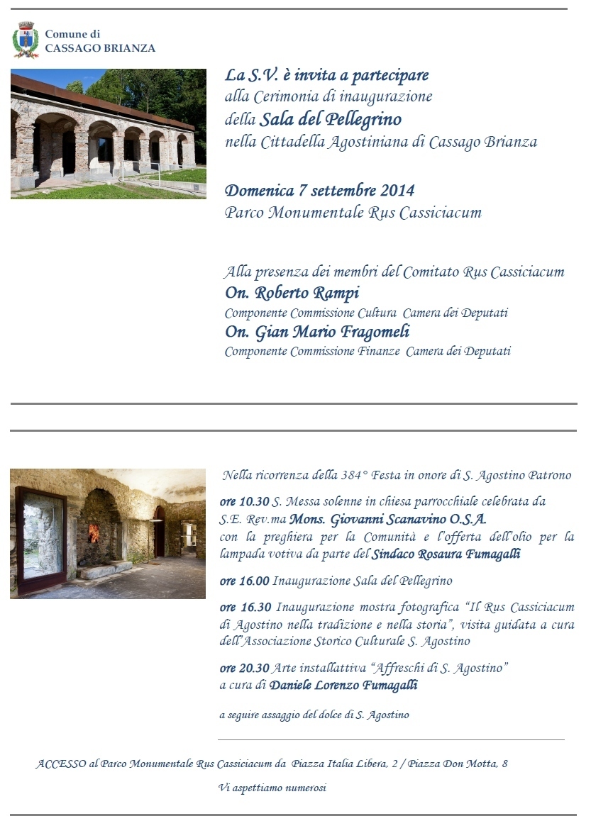 Programma di inaugurazione delLa Sala del Pellegrino restaurata, sede della Cittadella Agostiniana di Cassago