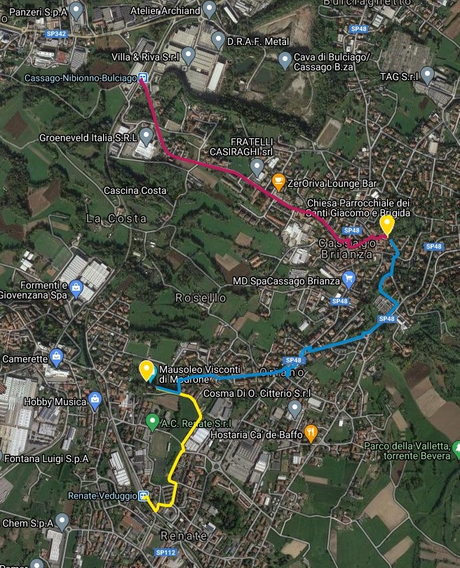 Il percorso dalle stazioni ferroviarie di Renate e di Cassago per raggiungere il Rus Cassiciacum di Sant'Agostino a Cassago