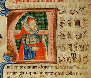 Capolettera iniziale (con figura di sant'Agostino) di un codice del XIII secolo che riporta il commento di due teologi domenicani al De civitate Dei, Biblioteca Ambrosiana, Milano