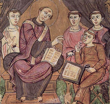  Agostino consegna la sua regola ai monaci: miniatura medioevale 
