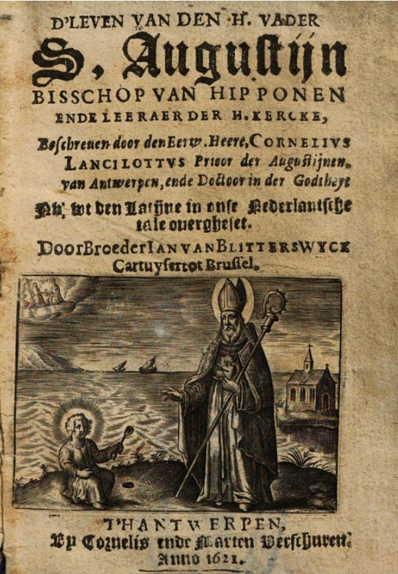 Frontespizio dell'Opera di Cornelius Lancelotz che narra la vita di Agostino nella edizione stampata ad Anversa nel 1621 in lingua olandese