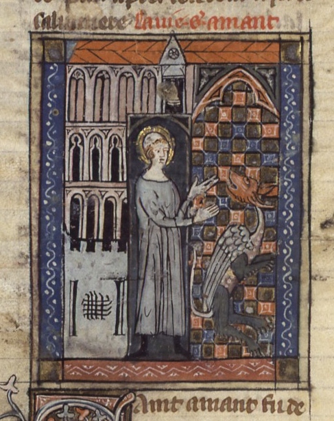 San Amand e il serpente, miniatura da Vite di santi, Parigi