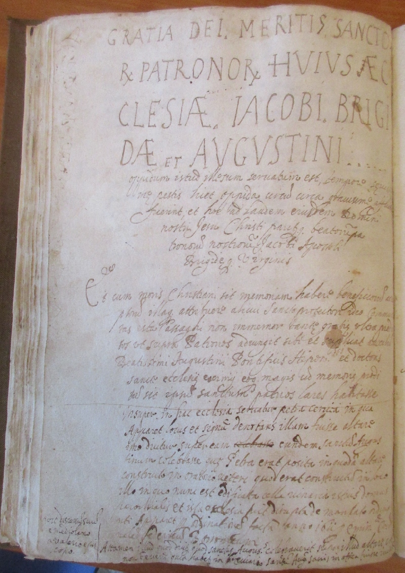 La pagina del Chronicon che proclama Agostino patrono di Cassago per aver salvato il paese dalla peste del 1630