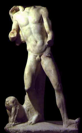 Statua di satiro ubriaco che si appoggia contro un albero. Ai suoi piedi sta accucciata una pantera. Museo del Bardo