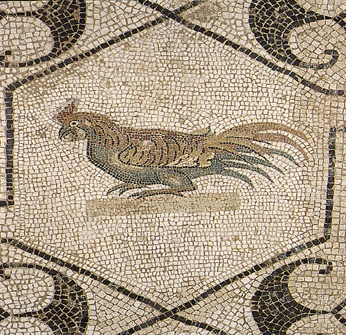 Particolare del pavimento musivo di una casa di Acholla. Il quadro generale  formato da composizioni ottagonali irregolari con esagoni frammisti che presentano diversi motivi di animali e di frutta. Attualmente  conservato al Museo del Bardo. Il mosaico risale al II sec. d. C.