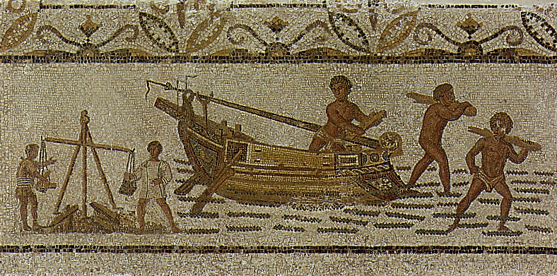 Vaso in terracotta che raffigura un attore comico con il viso mascherato. Steso per terra, con gli attributi bacchici, sembra interpretare il ruolo dell'ubriaco