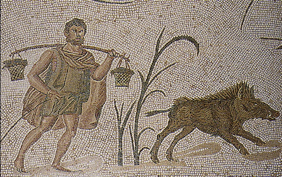 Scena di caccia al cinghiale: mosaico al Museo del Bardo a Tunisi