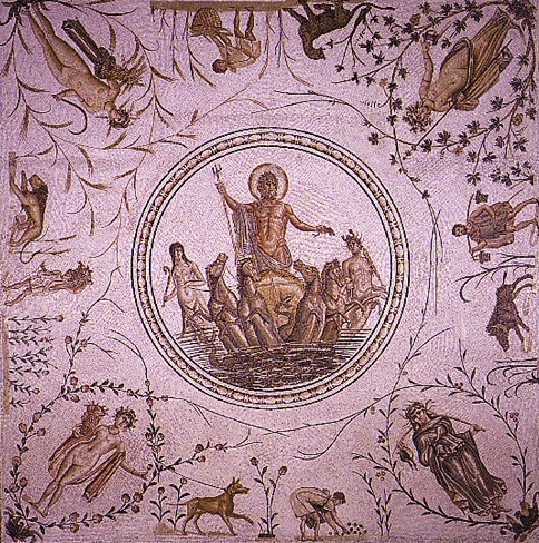 Il dio Nettuno esce dalle acque con una coreografia di divinità marine, mosaico al Museo del Bardo
