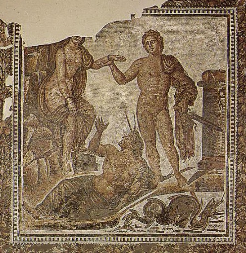 Scena mitologica della liberazione di Andromeda da parte di Perseo