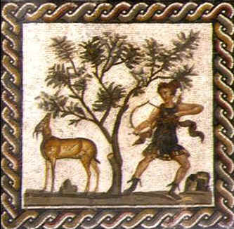 Questo magnifico mosaico rappresenta Diana cacciatrice in mezzo a una tavola inquadrata in una treccia a doppia spira. La dea, che indossa un corto vestito, ha la capigliatura raccolta da in chignon e sembra pronta a scoccare una freccia verso una gazzella che sta brucando tranquillamente delle foglie d'acacia. Opera del III sec. d. C. Attualmente  al Museo del Bardo.