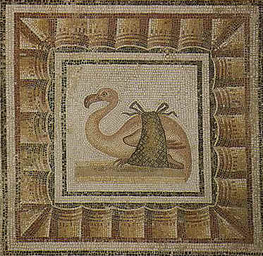 Mosaico che raffigura un fenicottero rosa legato con una stoffa. Questo uccello africano era molto apprezzato dai buongustai per la sua carne delicata. Il reperto è conservato al Museo del Bardo e risale alla fine del II sec. d. C.
