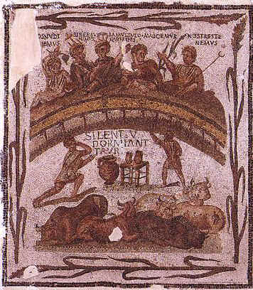 Grazioso mosaico noto come banchetto in costume