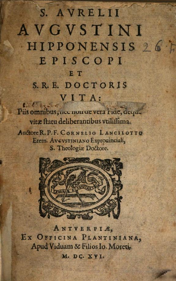 Frontespizio della sua Vita di sant'Agostino nell'edizione latina datata Anversa 1616