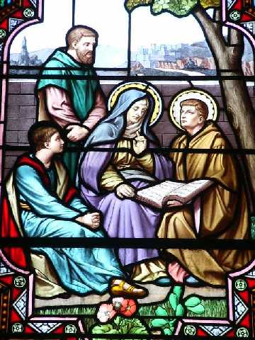 Agostino, Monica, Adeodato e Navigio nel rus Cassiciacum di Verecondo: vetrata nella cattedrale di S. Agostino  a Ippona