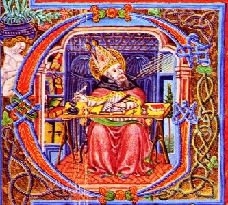  Jacopo da Fabriano, sant'Agostino allo scrittoio Ms. Reg. Lat. 1882, fol. 3r, lettera G 