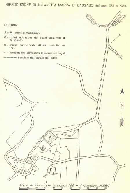 mappa di Cassago con la sua chiesa e il castello dei Pirovano-Visconti in una antica rappresentazione settecentesca