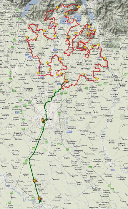 Percorso del Cammino con il cosidetto Gambo della Rosa da Monza a Pavia passando per Milano