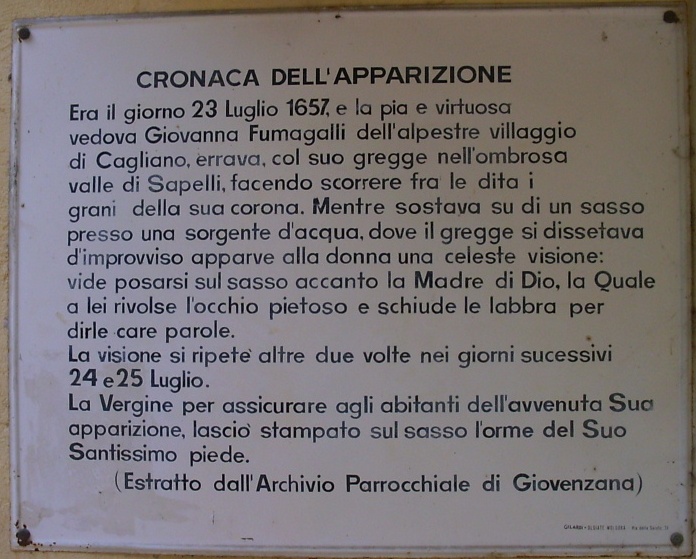 Iscrizione che ricorda l'apparizione della Vergine sul muro del Santuario della Madonna del Sasso