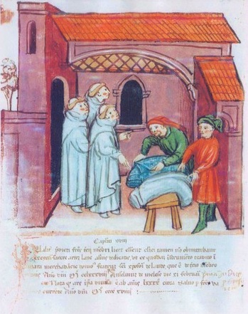 Umiliati dediti al commercio di stoffe e panni di lana, miniatura dal Codice Ambrosiano G 301 inf.