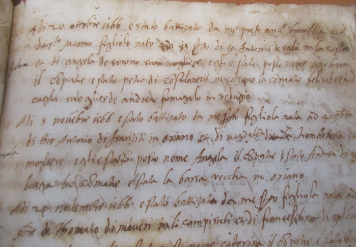 La terza pagina del registro dei battesimi