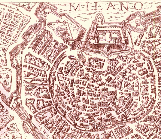 La Città di Milano: in alto a sinistra Porta Vercellina (1) presso il castello Sforzesco