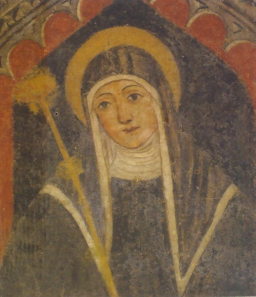 Santa Scolastica, da un affresco del monastero di Cremella. La santa  rappresentata in un grande affresco che raffigura le nozze mistiche di Lucia che fu staccato dai conti Sessa e donato ai Baroni Bagatti Valsecchi di Milano