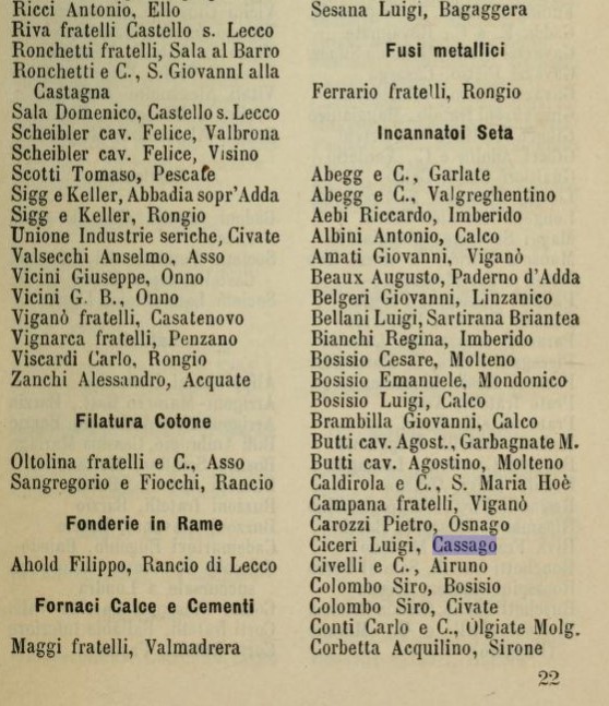 La pagina relativa all'incannatoio di Luigi Ciceri