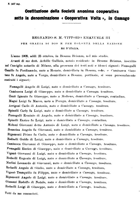 Elenco dei soci costituenti la "Cooperativa Volta"