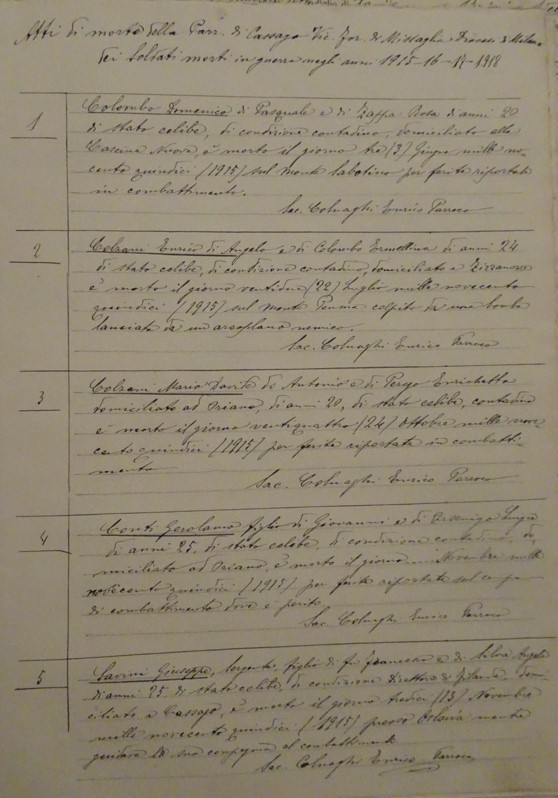 Atti di morte parrocchiali dei soldati caduti nella guerra 1915-1918