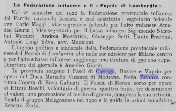 La pagina che descrive la nascita del Fascio di Cassago