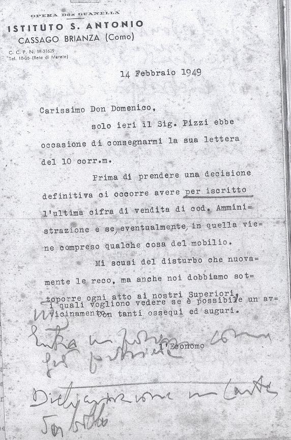 Lettera all'economo del Seminario di Lodi per la vendita dell'Istituto S. Antonio