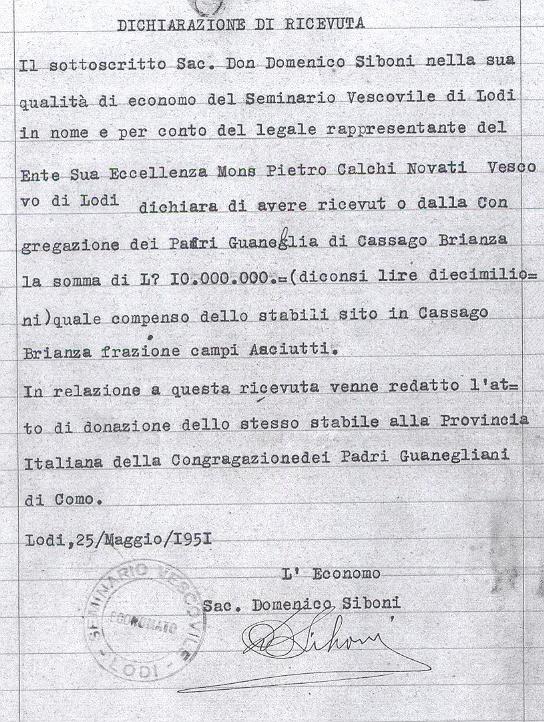 Ricevuta di don Domenico Siboni per la vendita dello stabile dei Campiasciutti