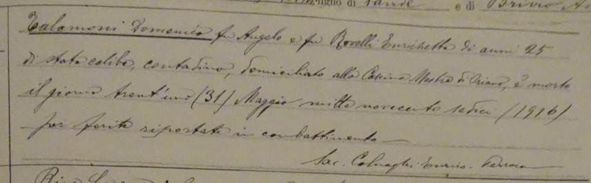 L'annotazione del parroco relativa alla morte di Domenico Talamoni