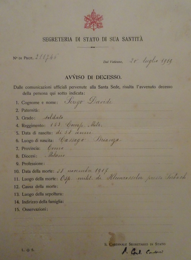Avviso di decesso di Perego Davide