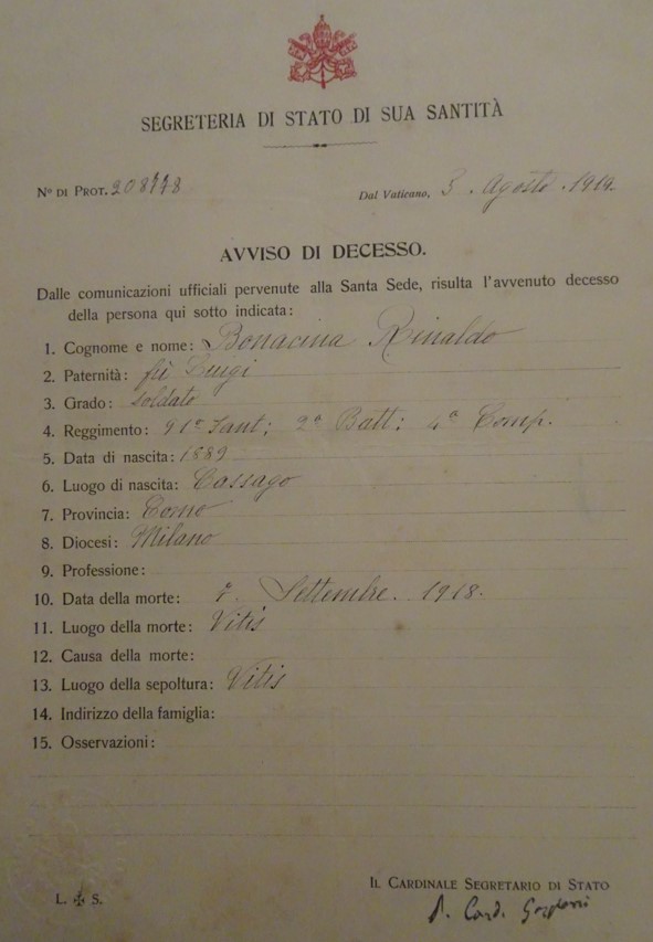 Avviso di decesso di Bonacina Rinaldo o Ricardo