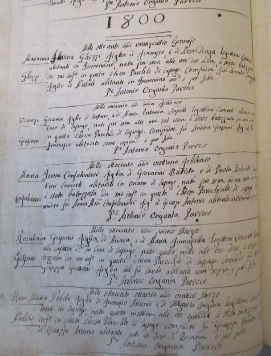 Una pagina del quinto Registro dei battesimi